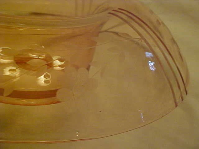 Pink depression rolled edge console bowl, flower etched