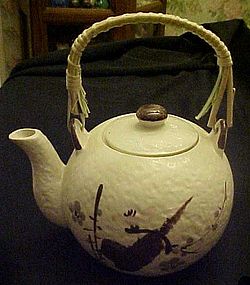 Vintage ceramic Japanese  floral teapot bamboo handle