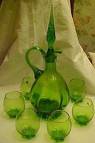 Vintage hand blown green decanter with 6 glasses ITALY