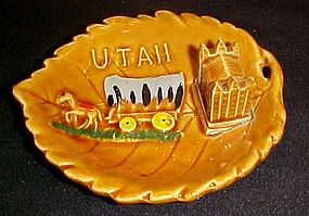 Vintage souvenir Utah leaf dish with covered wagon