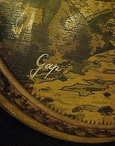 Vintage fancy Pyrography round scenic plaque signed Gap