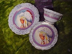 Old souvenir Indian Chief mini cup saucer and plate set