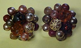 Vintage beaded brown n gold cluster earrings clip ons