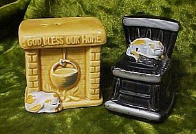 Fireplace and rocking chair comfy kitty salt shakers