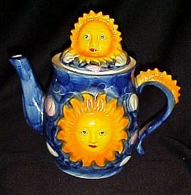 Celestial sun and sky hand painted ceramic tea pot