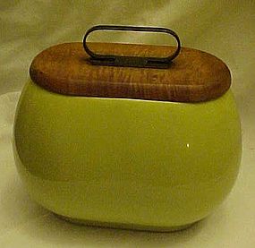 Vintage chartreuse pottery container with  maple lid