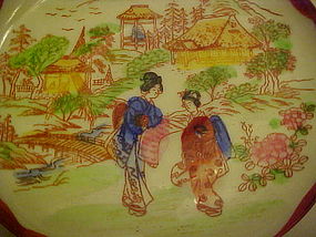 Vintage Geisha ware 2 Geishas bridge village red edge