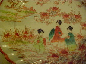 Old Geisha ware plate red orange swirled edge 3 girls