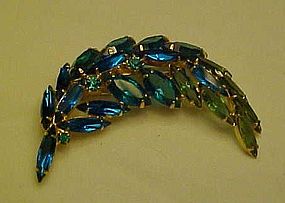 Vintage aquamarine rhinestone feather pin unmarked