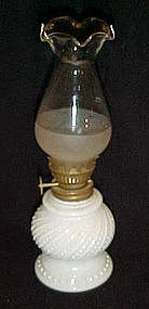 Vintage milk glass oil lamp and ruffled chimney 8" tall
