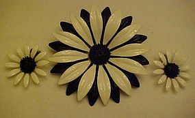 Vintage enamel black and white flower pin and earrings
