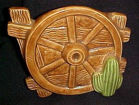 Vintage western  ceramic wagon wheel cactus wall pocket