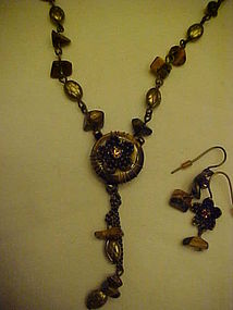 Avon Tiger's eye medallion gift set necklace earrings