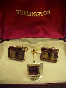 Vintage Smoky topaz cuff links & tie tac set gold cups