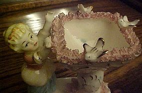 Vintage child at bird bath figurine porcelain lace