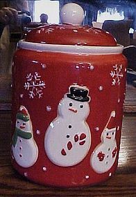 Red Hallmark snowmen cookie jar with snowflakes