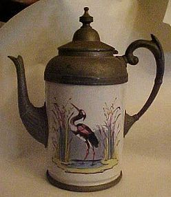 Antique French Enamelware and pewter coffee pot  /Crane