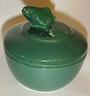 Vintage heavy green china covered bowl with fish on lid