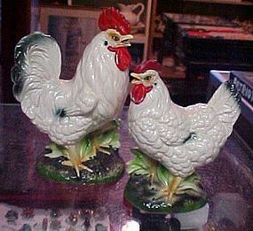 Vintage white chickens rooster and hen figurines