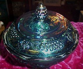 Indiana Harvest blue carnival glass covered compote