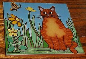 Custom handmade Garden Kitty cat ceramic 6" tile trivet