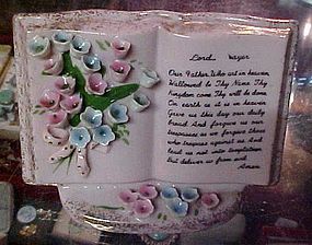 Vintage pink  Lord's Prayer Bible vase applied flowers