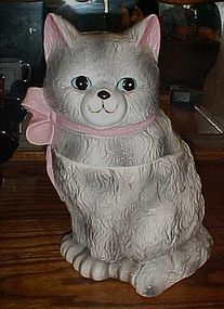 Vintage grey persian kitten cat cookie jar  pink bow