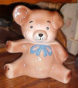 Vintage brown teddy bear cookie jar with blue tie