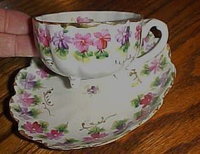 Vintage three feet legs toes hand painted floral  cup saucer set