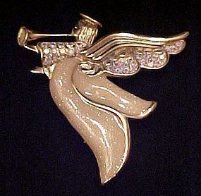 Large lovely enameled angel pin with rhinestones