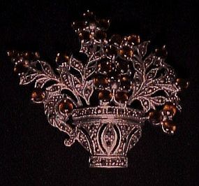 Sterling and marcasite  rhinestone flower basket pin