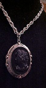 Large Vintage black glass cameo photo locket necklace