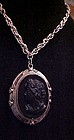 Large Vintage black glass cameo photo locket necklace