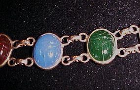 Vintage semi precious stone scarab bracelet gold tone