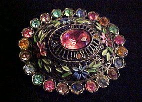 Antique rhinestone enamel flower brooch Little Nemo