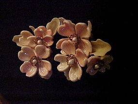 Old plastic pink  floral earrings clip backs