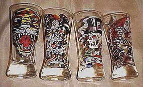 Set of 4 Ed Hardy tall shot glasses, Skulls, tiger, ect