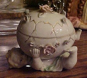 Old Royal Sealy child with rose covered egg trinket box