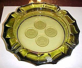 Fostoria olive green Coin glass ashtray large and heavy