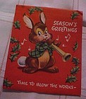 Vintage 50's Christmas pop-up card Bunny blowing horn