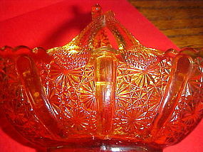 Vintage amber Fenton split handle daisy  button basket