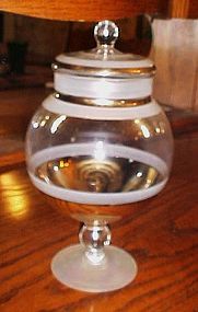 Lovely vintage apothecary candy jar with lid, clear frost and gold