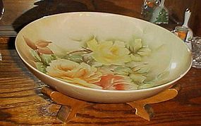 Large 14 1/2" hand painted roses serving bowl on wood stand