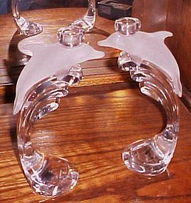 Lenox crystal pair of dolphin and waves single light candle holders