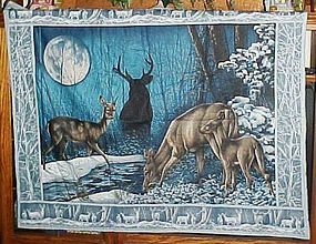Finished fabric wall hanging Deer family in the woods ready to hang