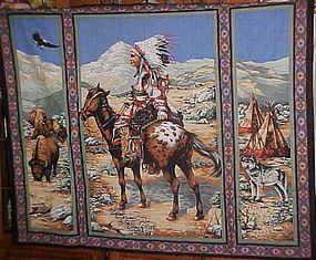 1 yd uncut fabric panel Colorful Native American Indian Chief on horse