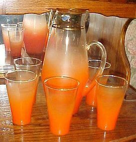 West Virginia Glass Orange Blendo Gala pitcher and glasses set