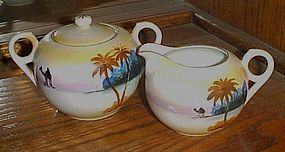 Takito TT hand painted creamer and sugar set desert oasis camel scene