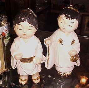Vintage Ceramic Asian boy and girl figurines white and gold 8"