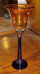 Rick Strini hand blown 9.5 carnival glass and blue goblet twisted stem